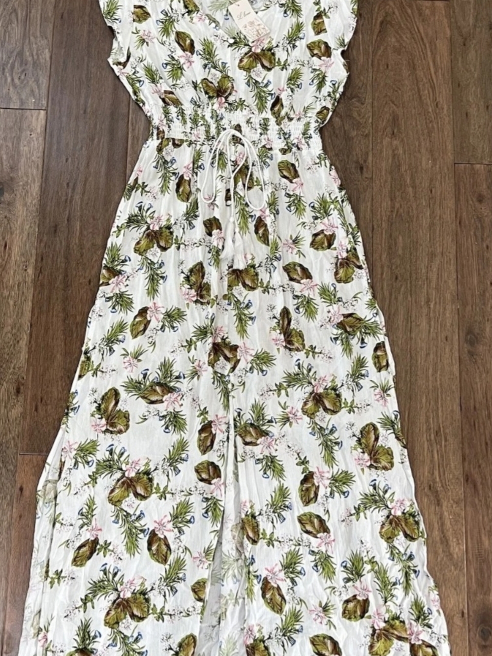 White Floral Maxi Dress with Green Leaf Print